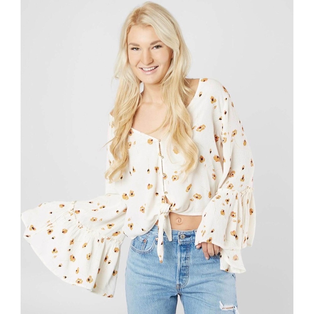 Billabong Floral Tie Front Top Womens Large Cream Bell Sleeve Boho Crop Blouse